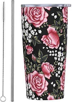 Gobelet isotherme Red Rose Goth Flower 20 OZ avec couvercles et paille Tasse sous vide en acier inoxydable Tasse de voyage étanche à l'eau de café pour la maison, le bureau, l'école
