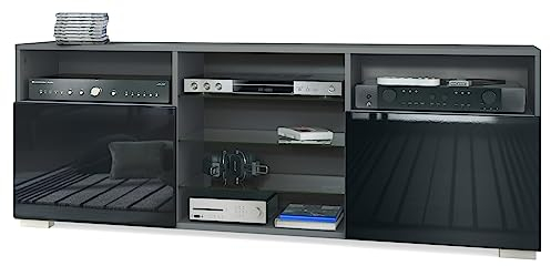 Vladon TV-Board Granada, Lowboard mit 2 Türen und 6 offenen Fächern, Korpus Anthrazit matt, Fronten in Schwarz Hochglanz (146 x 54 x 35 cm)