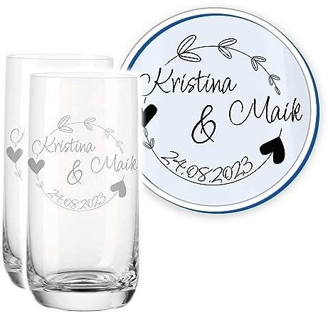 LALALO Leonardo Hochzeit Trinkglas Geschenk-Set (2 St.) graviert, Trinkgläser mit Gravur personalisiert als Hochzeitsgeschenk, Wasserglas/Longdrink-Glas zum Hochzeitstag (Kreisromantik)
