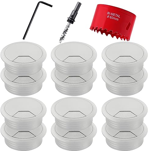 12 Stück Schreibtisch Kabeldurchführung 60mm, Kabeldurchlass Set mit 1 Stück 60mm Metall Lochsäge, Kabeldurchführung Tisch Rund für Büro Arbeitsplatten TV Computer Heimkino