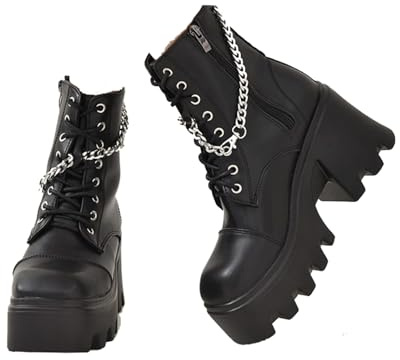 LeaHy Donna con Plateau con Zeppa Stivali con Tacco Alto PU Catena Zip Laterale Stringati in Stivaletti,Nero,43 EU