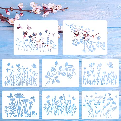 DSLSQD 8-Piece Flower Stencils - Cherry Blossom, Wildflower & Vine Designs for Painting on Wood & Furniture DIY Home Decor
