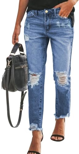 Sidefeel Womens Jeans Zimbaplatinum High Waisted Jeans Distressed Boyfriend Ripped Straight Leg Jeans Fall Fashion Outfits Size 8 Dark Blue