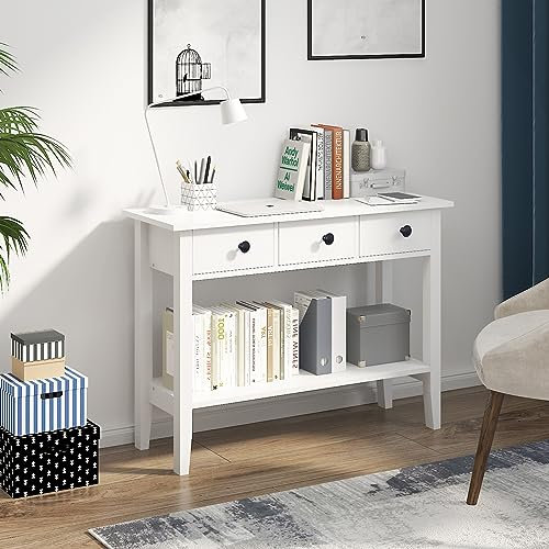 SogesHome Tavolino consolle Kosole classico da corridoio bianco con cassetti e ripiano aperto per la conservazione (NT-W-3)