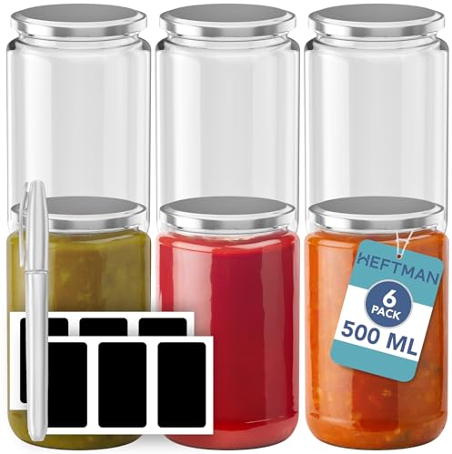 HEFTMAN Lot de 6 bocaux à confiture en verre avec couvercles hermétiques et réutilisables pour la nuit, les confitures, les chutney, les marinades de cuisine - 500 ml