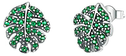 Halskette Damen,Grüne Cz Blatt Monstera Ohrstecker für Frauen Sommer Urlaub Cz Feiner Schmuck 925 Sterling Silber Ohrringe
