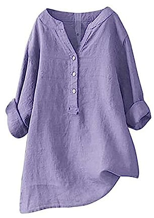Leinenbluse Damen Sommer 3/4 Arm,Leinen Tunika,Damen Sommer Leinen Long Bluse Top Langarm Bluse mit Knöpfen Hals T-Shirt Große Größen Casual Tunika Elegant Casual Oversized Shirt,Violett,5XL