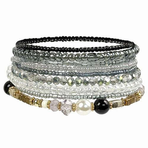 APMGONT Bohemian Multi-Layer Armbänder Stackable Stretch Strand Crystal Beaded Bangles Set Boho Handmade Armbänder Schmuck Geschenke für Frauen Mädchen (Grau)