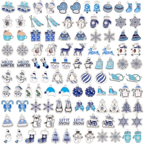 SANNIX 110 Stück/55 Paar Weihnachts-Winter-Charms, Winter-Charms zur Schmuckherstellung, verschiedene Schneeflocken, Pinguine, Schneemänner, Eisbären, Gold-Emaille-Charm-Anhänger für selbstgemachte Ar