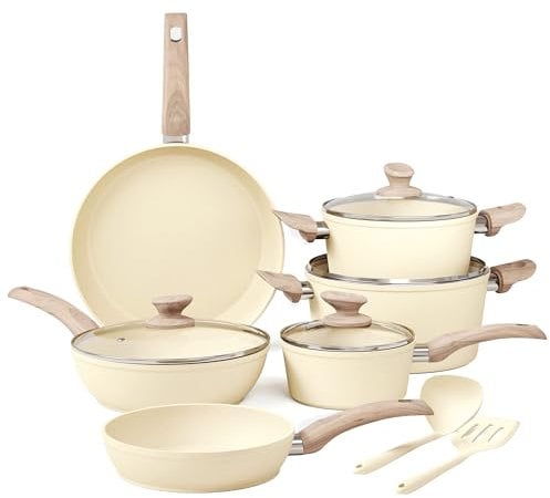 Kitchen Academy Induction Pots and Pans Set Non Stick - 12Pcs Beige Nonstick Kitchen Cookware Set, Granite Cooking Pans Set