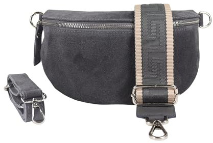 BLADE Bauchtasche Damen, Handgemachte Wildledertasche, Crossbody Bag, Gürteltasche Echtes Leder mit 2 abnehmbaren/verstellbaren breiten Gürteln, Umhängetasche aus Italien, Geschenk für Sie -Dunkelgrau
