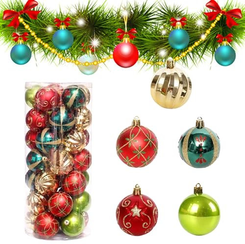 30 Stück Kunststoff Weihnachtskugeln, 6cm Weihnachtskugel Ornamente,Weihnachtskugeln,Baumschmuck Christbaumkugeln,Christbaumkugel-Set für Weihnachtsdekoration,Hochzeit,Geburtstagsfeie(Rot,Grün& Gold)