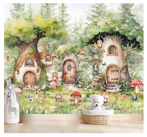Fototapete Kinderzimmer, Wald, Waldtiere Bäume, Fee, Fantasy Tapeten für Kinder Babyzimmer Vlies Tapeten wandtapete Mädchen und Jungen. Tapete Mädchen Fee