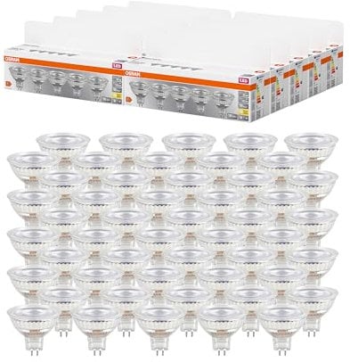 OSRAM LED BASE MR16, paquete de 50 bombillas de baja tensión, reemplaza bombillas reflectoras tradicionales de 35W, blanco cálido (2700K), 3.8W, casquillo GU5.3, vidrio mate, no regulable