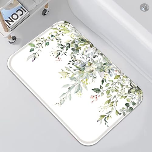 Zussun Badteppich, Motiv: Eukalyptus, klein, Aquarell-Pflanzenblätter mit Blumenmuster, wasserabsorbierend, rutschfest, waschbar, Duschmatte, Memory-Schaum, Badvorleger für Badezimmer-Dekor