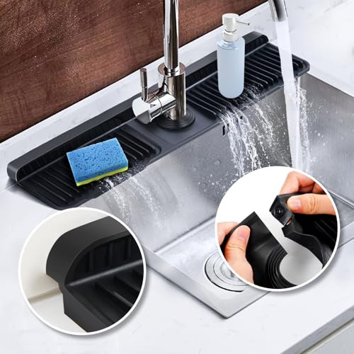 Koureik 45 cm Wasserhahnmatte für Küchenspüle, 6° Neigung, Spritzschutz mit Druckknopfverschluss, faltbarer Silikon-Wasserhahnschutz und Abtropfmatte für Küche, Badezimmer, Waschbecken, Schwarz
