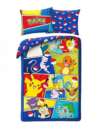 Bettwäsche-Set Pokemon Figuren Kanto – Bettbezug 140 x 200 cm + Kissenbezug 70 x 90 cm – wendbar – 100 % Baumwolle – mehrfarbig
