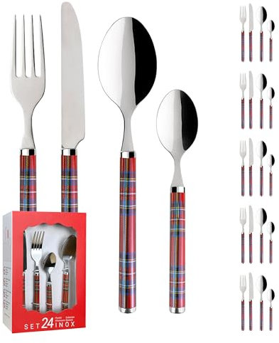 Set 24 Pezzi Posate Tavola Acciaio Inox Fantasia Scozzese Certificate Contatto Alimenti 6x Forchetta Coltello Cucchiaio Cucchiaino Rosse Lavabili Lavastoviglie Confezione Regalo Idea Natale