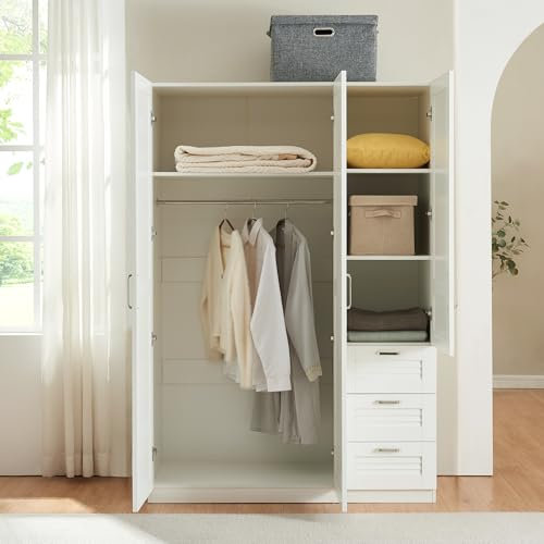 [en.casa] Kleiderschrank Finning 3-türig 176 x 120 x 52 cm Garderobenschrank mit 1 Kleiderstange, 4 Fächern und 3 Schubladen Weiß
