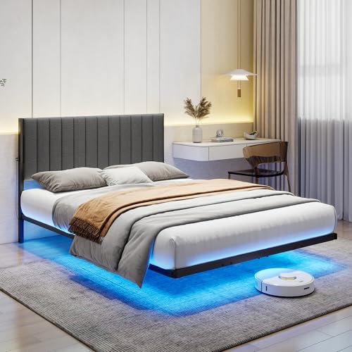 ARFARLY Bett 120x200 cm mit LED Beleuchtung und Ladestation Bettrahmen mit Metall-Lattenrost Erwachsenen-Schwebebett-Rahmen mit Licht-Robust und stabil,Einfache Montage,Dunkelgrau