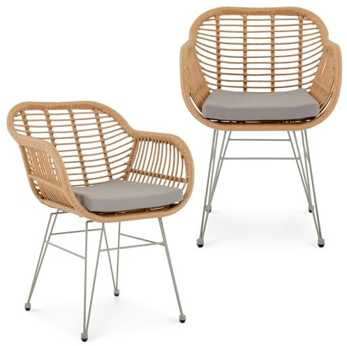 IDIMEX Lot de 2 chaises de Jardin Paramo, Imitation rotin Brun et Gris Fauteuil d'extérieur pour terrasse ou Balcon résistant aux UV, 4 Pieds en métal Anti-Rouille et Coussin d'assise Blanc