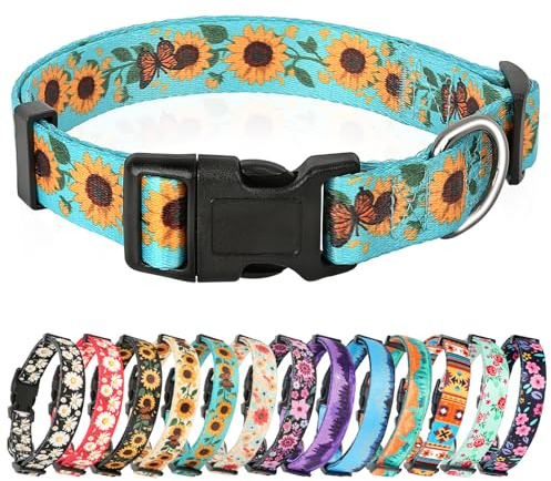 HEELE Hundehalsband, Hunde Halsband für Welpen Kleine Mittlere Große Hunde, Gemustertes Hundehalsbänder Verstellbares, Komfort, Robustem HundeHalsband, Sonnenblume Grün, M