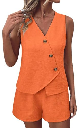 NSICBMNO Orange Lounge Sets For Women Shorts Co Ord Sets Summer 2 Piece Outfits Sleeveless Waistcoat V Neck Vest Tops Wide Leg Shorts Casual Tracksuits Travel Airport Outfits For Office Work Beach