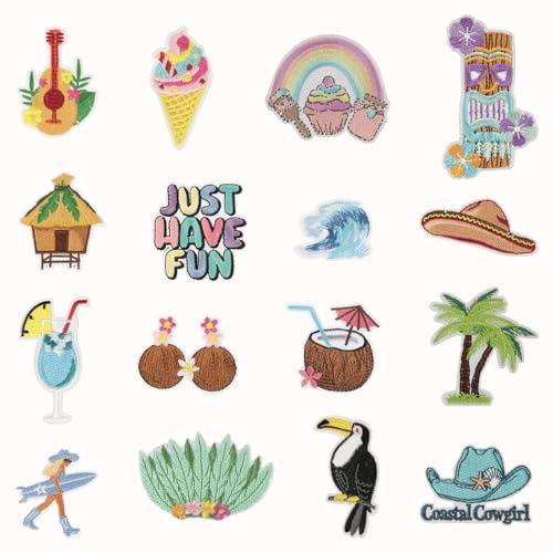 MWOOT 16 PCS Summer Iron on Patches for Clothing, Embroidered Hawaii Holiday Theme Decorative Applique Patch for Jeans, Hats, Jackets, Backpacks DIY Accessories