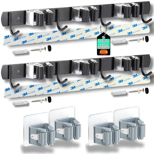 BASAMA ®️ 2 x Colgador Escobas y Fregonas de acero inoxidable de 38 cm + 4 Soportes individuales adhesivos | Soporte Escobas Pared con adhesivo 3M y tornillos (2 piezas 38 cm)