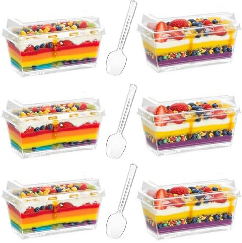 50Pcs 140ml/4.9oz Dessert Cups & Bowls with Spoons - Reusable Hard Plastic Rectangle Cheesecake Pots - Clear Serving Bowls for Pudding, Mousse, Trifles, Appetizers, Parties (with Lids)