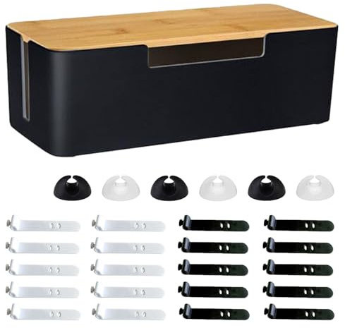Kabelbox, Cord Organizer Box mit Hölzernem Deckel, 30x13x10cm Kunststoff Kabelmanagement Box Mit Kabelbinder und Kabelhaltern, Steckdosenbox, für Verlängerungskabel, Netzstreifen, Schwarz