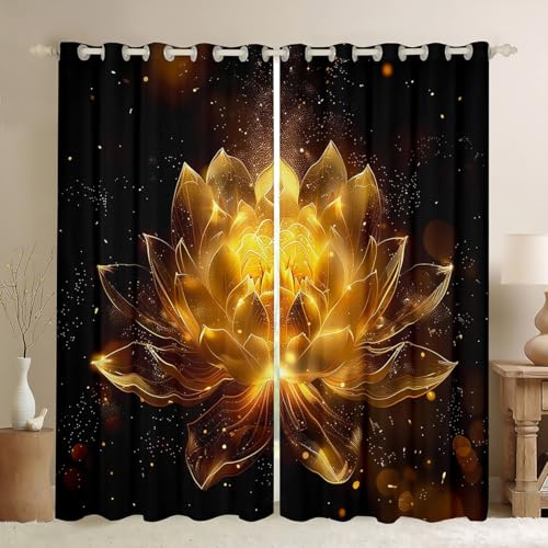 Homemissing goldene Schwarze Vorhänge 245x140cm Kinder goldene Lotusblume Fenstervorhang für Kinder Jungen Mädchen Zen Spa Gardinen Blumen Raumdekoration Gardinen