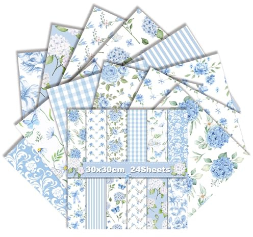 Lot de 24 feuilles de papier de scrapbooking floral double face pour fabrication de cartes, découpage et décoration d'album photo (hortensia bleu clair) - 30 x 30 cm