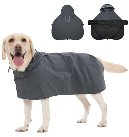 Hjyokuso Regenmantel Hund L, Wasserdicht Hunderegenmantel mit Kapuze, Reflektierende Elemente, Verstellbar, Hundejacke mit Beinschlaufen & Leinenöffnung für kleine mittelgroße große Hunde Grau