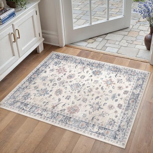 PureCozy FußMatte Innen 60x90 cm Waschbarer Vintage Teppich, Blau&Weiß | Blumenmuster,Waschbar, Rutschfest, Kurzflor, Weich, Korrido, Eingangsbereich, Küche, Badezimmer, Schlafzimmer