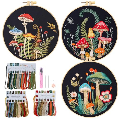 QEEYON 3 Stickset für Anfänger, Buntes Pilz Sticken für Anfänger, Sticken Set Erwachsene, mit 3 Rahmen, Stoff mit Aufdrucken, Fäden, Nadeln und Tutorials, für DIY Kunst, Basteln