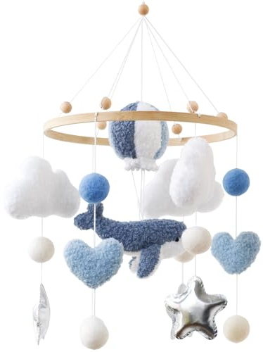 Blauwal Mobile Baby Windspiele – 3D Heißluftballon, Wal, Herz, Wolken Mobile aus Holz mit Filzbällen, Hängende Bettglocke für Babyzimmer Deko, Geschenk für Baby