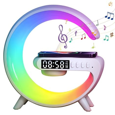 OUOAENR Wireless Charger Speaker Night Light G Shape LED Phone Charging Speaker Dimmable, Timer Alarm Clock Charger Stand Color Changing Smart Music Desk Lamp Gift Her Him (White)