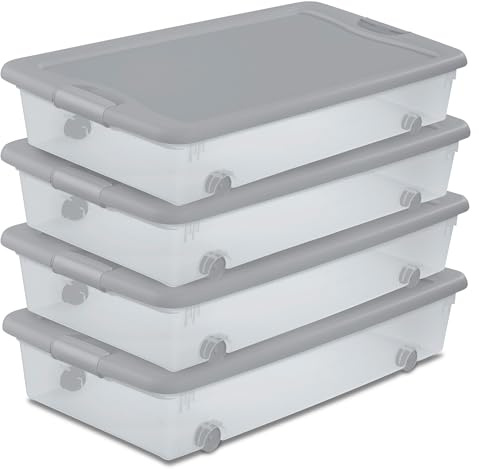 Sterilite 4-Pack 56 Quart Wheeled Latching Box, Underbed Plastic Storage Organizer, Silver - Under Bed Rolling Container Bin with Lid and Wheels for Home or Dorm Bedrooms and Closets