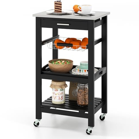 GOPLUS Isla de Cocina con Ruedas, Carrito de Almacenamiento Rodante con Encimera de Acero Inoxidable, Cesta de Alambre Metálico Deslizable, Bandeja para Servir, para Cocina y Comedor (Negro)