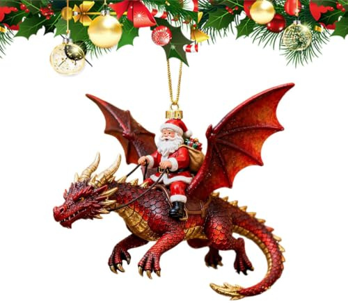 Drache Christbaumschmuck | Weihnachtsmann Reitet Auf Einem Fliegenden Dra-chen Weihnachtsbaumschmuck | Lustige 2D Acryl Festtagsdekorationen, Sammler Souvenirs Für Zuhause Und Büro (Rot)