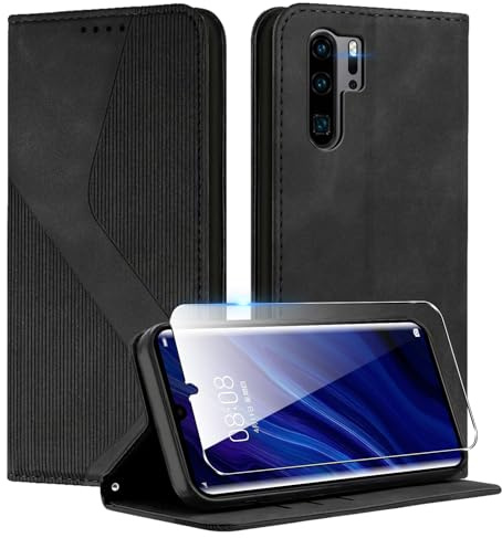 Coiwxmoi Coque pour Huawei P30 Pro avec 1 Verre Trempé, Étui Premium en Cuir Housse avec [Emplacements Cartes] [Magnetique] [Standtion], Clapet Folio Portefeuille Protection Case, Noir
