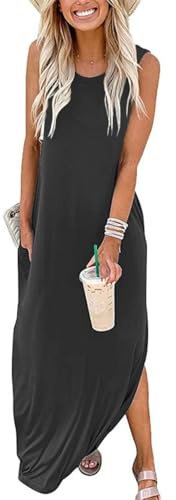 Sxkayxr Vestidos largos de verano para mujer 2026, casuales, sin mangas, sueltos, de playa, con bolsillos, estilo Good Vibes, tipo camiseta, Gris oscuro (Solid Dark Grey), S
