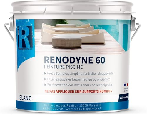 Peinture Piscine RENODYNE 60-10L Blanc– Revêtement Caoutchouc Chloré pour Bassin – Haute Résistance Chlore et Produits Piscine – Séchage Rapide 72h