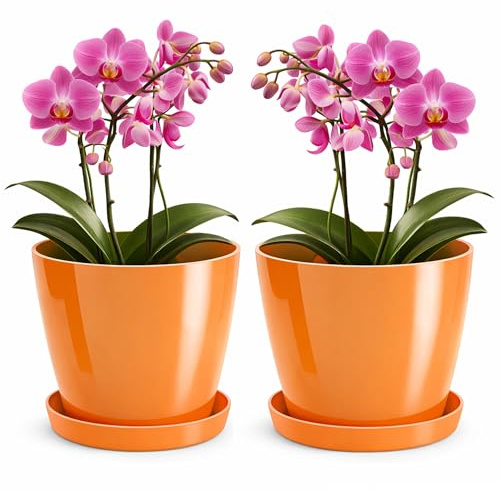 PECZEKO - Vaso da fiori in plastica lucida, per piante grandi e piccole, set di 2 vasi con sottovaso, vaso per erbe aromatiche, arancione, diametro 20 cm