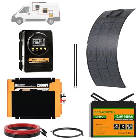 ECO-WORTHY 1280Wh Kit Panneau Solaire Camping-Car: | Batterie lithium 12v 100Ah avec Bluetooth + Panneau solaire souple 200W + Régulateur MPPT 20A + Onduleur 2000W, pour les RV