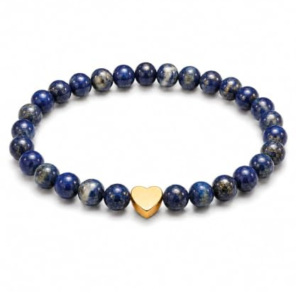GD GOOD.designs Edelstein Armband mit 18K vergoldetem Edelstahl Herz | Perlenarmband Damen mit echten 6 mm Naturstein Perlen | Wasserfest | elastisch 15–19 cm | inkl. Schmuckbeutel