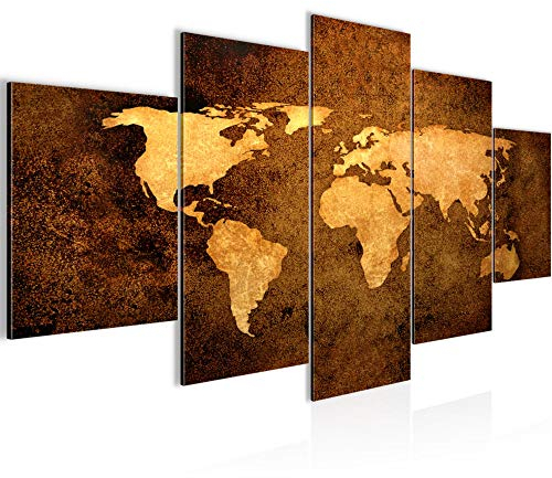 Runa Art - Bilder Weltkarte 200 x 100 cm 5 Teilig XXL Wanddekoration Design Gold 101751a