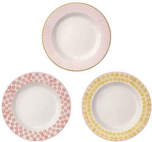 Bloomingville Suppenteller Susie Retro tiefe Teller Vintage große Ø 24 x H 4 cm, ocker rot rosa, Keramik, 3er Set, fasst ca. 400 ml