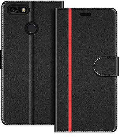 COODIO Handyhülle für Huawei Y6 Pro 2017 Handy Hülle, Huawei Y6 Pro 2017 Hülle Leder Handytasche für Huawei Y6 Pro 2017 Klapphülle Tasche, Schwarz/Rot